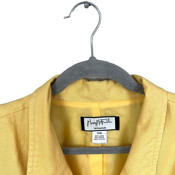 Mary McFadden Womens Linen Blazer Collared Button Flap Pockets Padded Yellow 24W - Picture 3 of 5